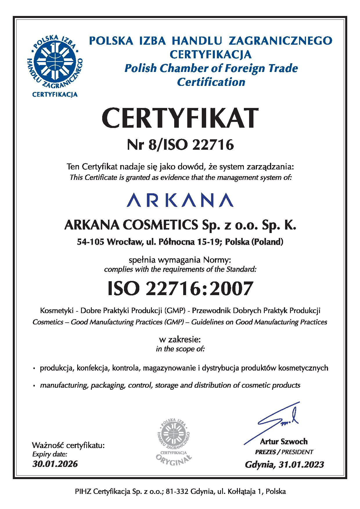 Certyfikat Arkana 1